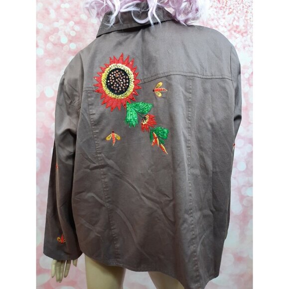 Vintage 90s Floral Applique Patches Utility Jacket Size XXL 2XL Brown Cotton - Picture 9 of 12